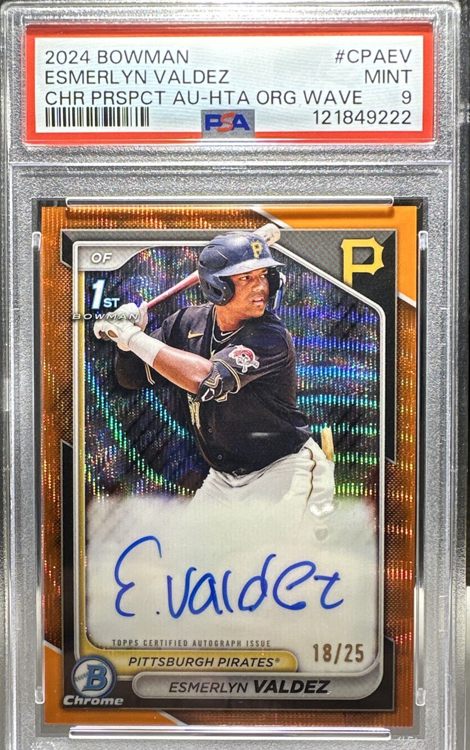 2024 Bowman Chrome 1st Esmerlyn Valdez Orange Wave Refractor Auto 18/25 Pirates