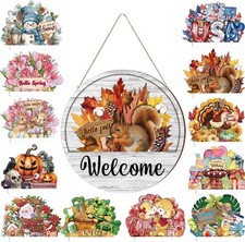 13PCS Interchangeable Seasonal Welcome Sign for Front Door, 12 Inch Rustic Round