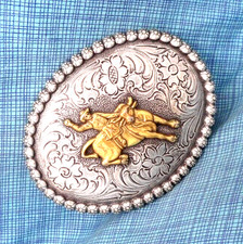 Bull Rider Belt Buckle Cowboy Rodeo Western Floral Scroll Vtg 80s .SHY558