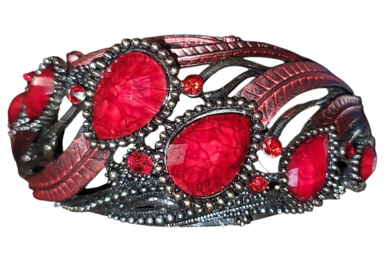 Ruby Red Bracelet – Hinge Clasp, Ornate Filigree … - image 11