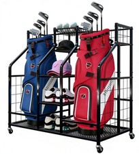Golf Bag Storage Organizer Stand with Wheels - Heavy Duty Steel Rack Holds 2 Gol