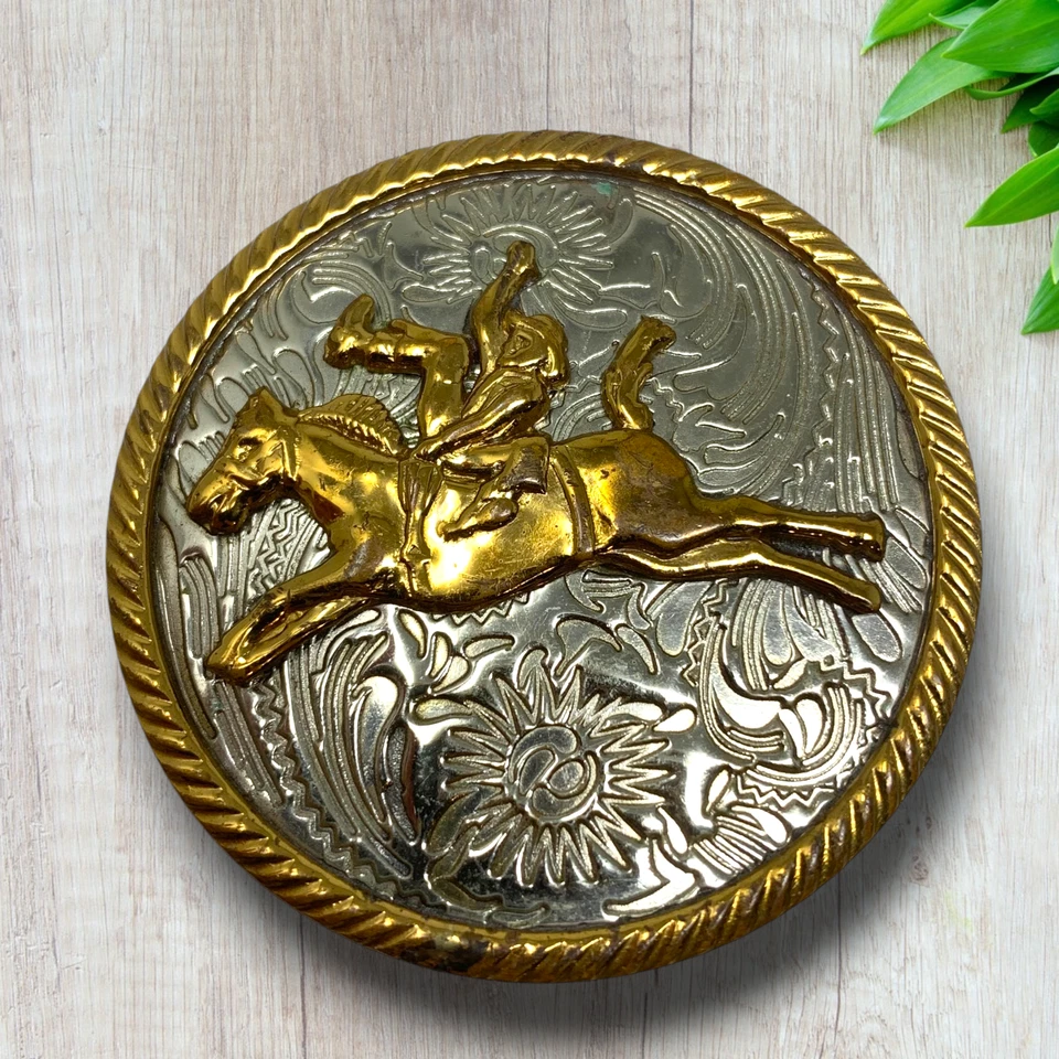 Vintage Rodeo Cowboy German Silver Trophy Belt Buckle Small Round Southwestern - Image 2 of 4
