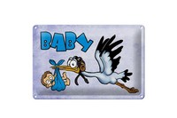 Schild Blech 30X20Cm - Made In Germany -Storch Bringt Kind In Blau Metall Deko S
