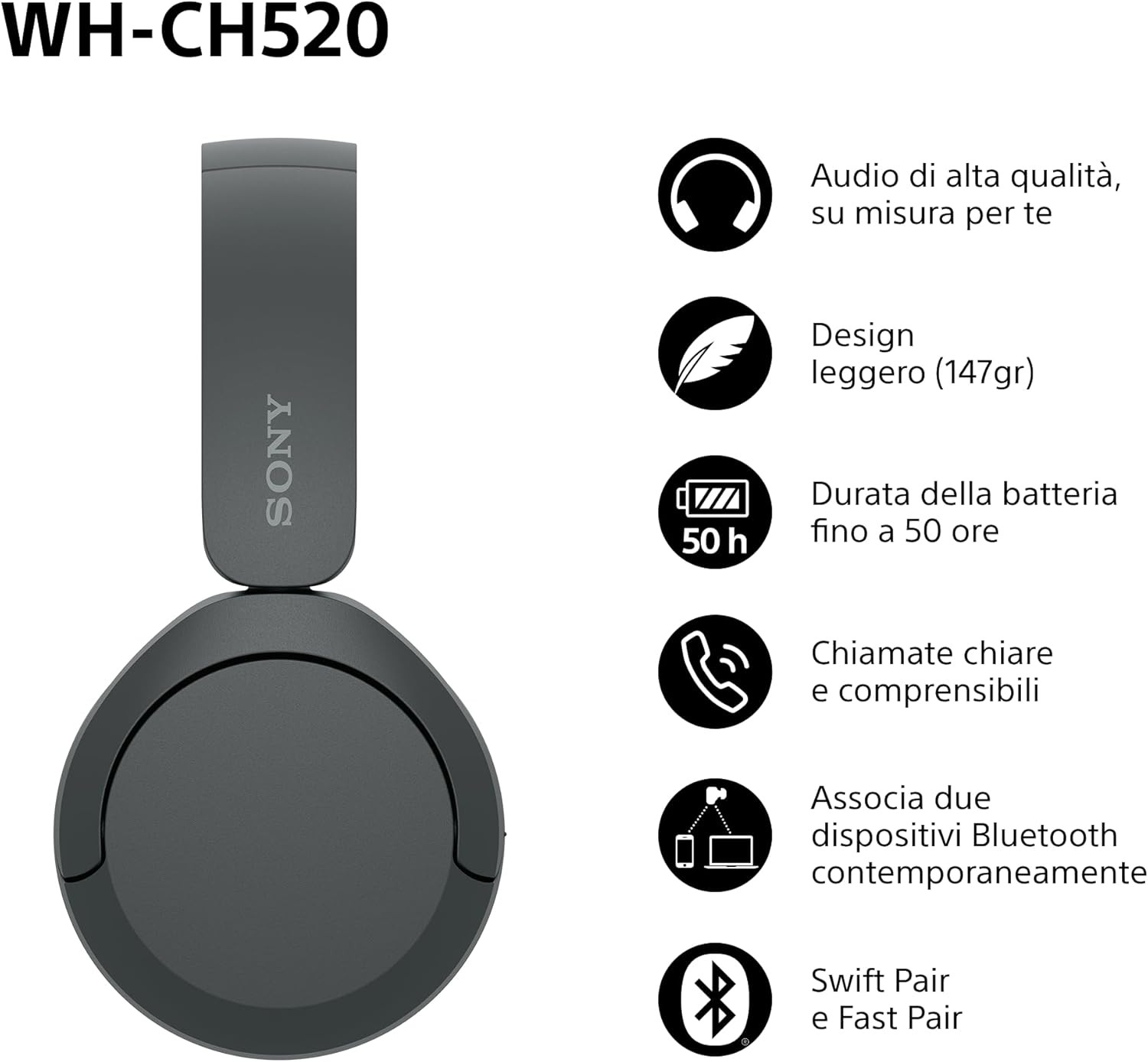 WH-CH520 | Cuffie Wireless, Connessione Multipoint, Con Microfono, Fino a 50 Ore foto 3