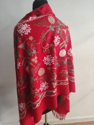 Cashmere Pashmina Red with Embroidered Floral Panel Fringed - Image 1 of 4