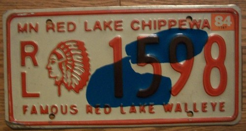 MINNESOTA RED LAKE CHIPPEWA TRIBAL LICENSE PLATE -1984- FAMOUS RED LAKE WALLEYE