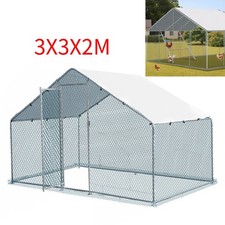 Metal Walk-in Chicken Coop Chicken Run w/Cover & Chicken Perch Ladder 3X3X2 M