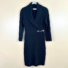 Calvin Klein Black Cable Knit Sweater Dress Shawl Collar Buckle Detail Small