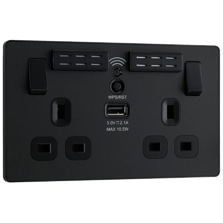BG Evolve Double Switched Socket 13A Wifi Boost USB-A Matt Black - PCDMB22UWRB
