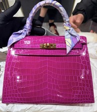 Hermes Kelly 25 Rose Scheherazade Niloticus Crocodile Bag GHW