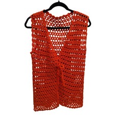 Vtg 70's Orange Crochet Vest Tie Front Handmade Boho Grannycore Festival Large