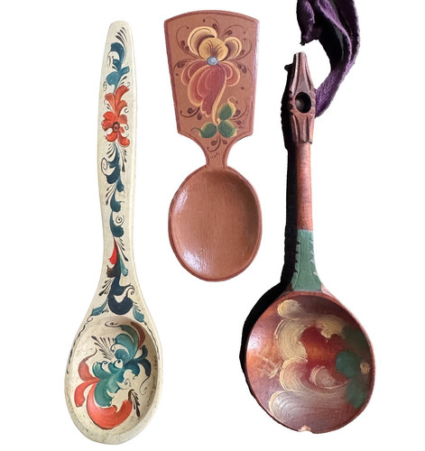 Norwegian Rosemaling Spoon Painted Scandinavian Folk Art Wood Lot VTG