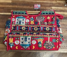 Vintage gesteppte Handarbeit Stricken Handarbeit Tasche Holzgriffe c90 C Hühner Landschaft Neu