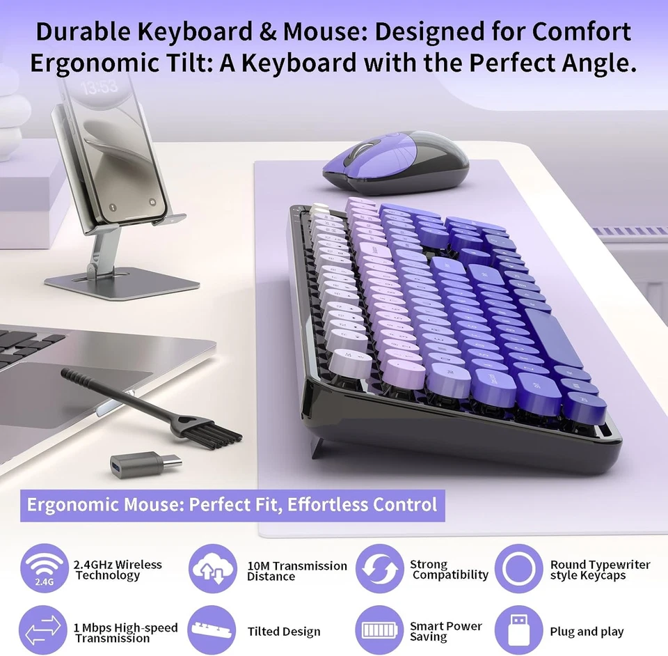  Full-size Wireless Keyboard and Mouse Bundle with OTG & Brush Purple Pink - Image 2 of 4