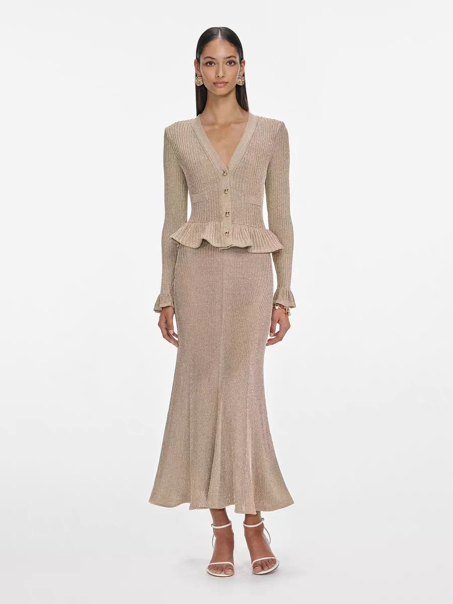 Self-Portrait Womens Autumn Winter New Temperament V-neck Knitted Long Dress