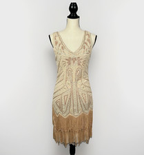 Babeyond Flapper Dress Sz M Beige Beaded Fringe 1920’S Great Gatsby Party