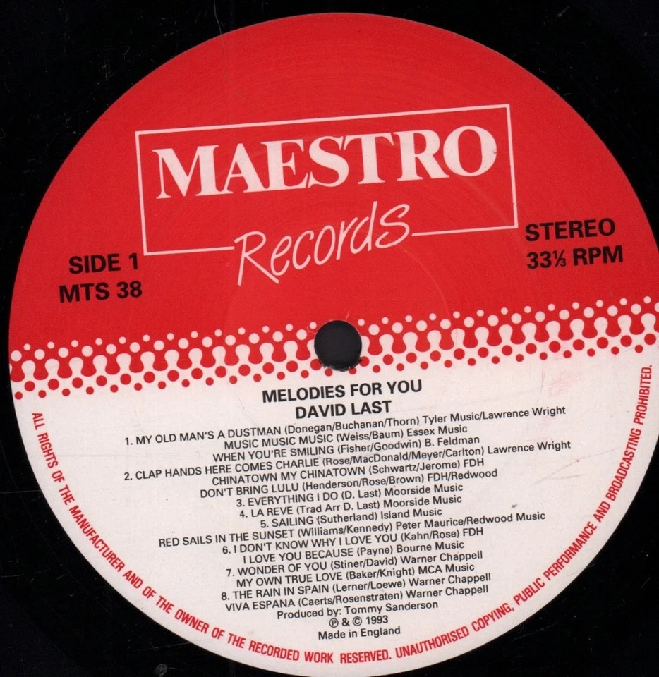 David Last Melodies For You LP vinyl UK Maestro 1993 MTS38 - Image 3 of 3