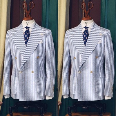 Sky Blue Seersucker Men's Suits Peak Lapel Double Breasted Men Tuxedos Pants