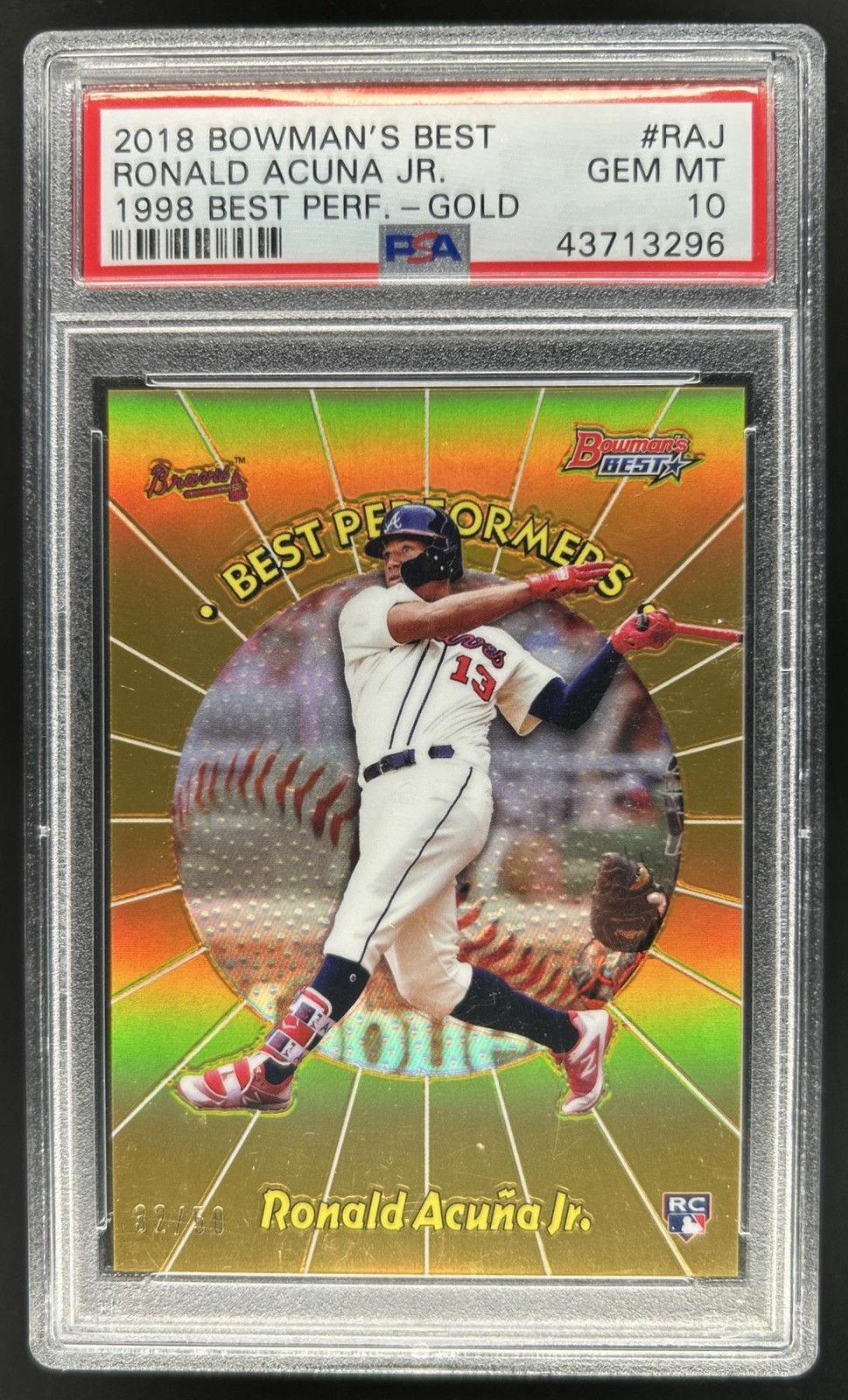2018 Bowman's Best Ronald Acuna Jr. 1998 Performers Gold Refractor RC /50 PSA 10 view 1