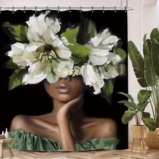 African American Olive Green Shower Curtain 72Wx72L Inch Black Girl Woman Lad...