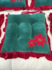 Set - 5 Tufted Chair Cushions Dining Room Christmas Poinsettia Red Green Vintage