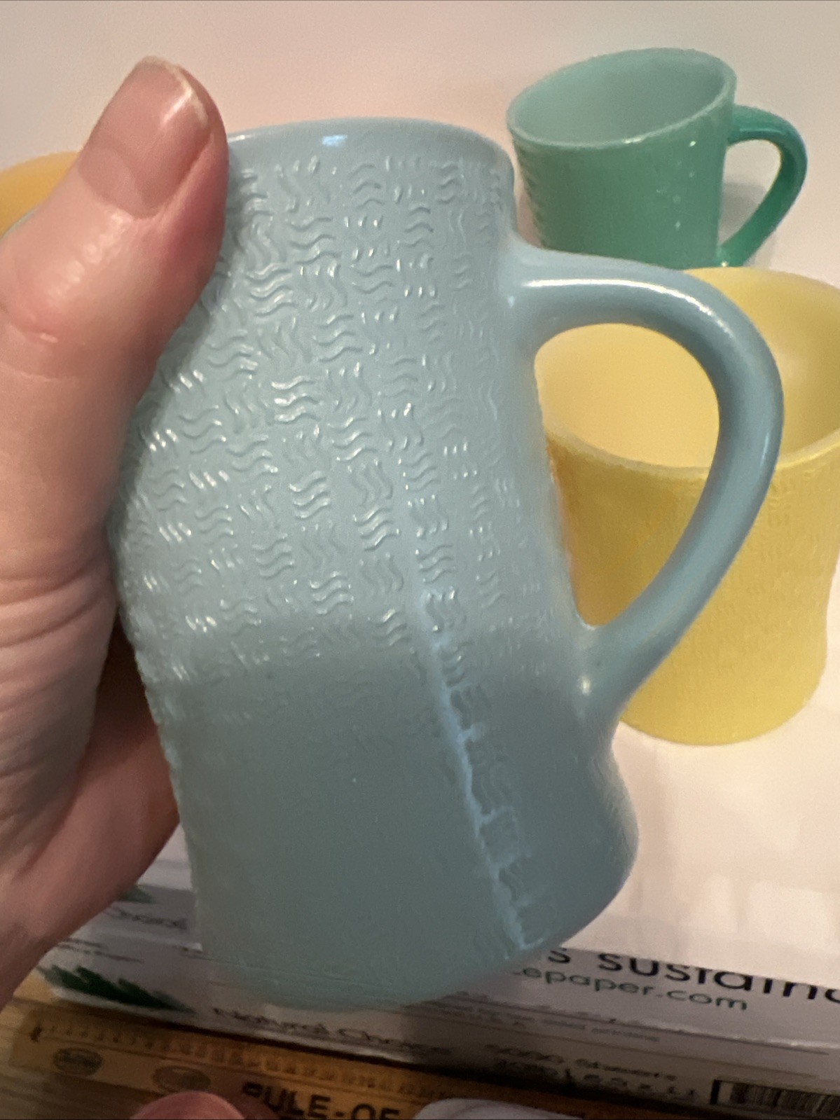 Lot Of 7 Vintage Glasbake J-2277 Milk  Glass Mugs. Basketweave Pattern 1961-1983