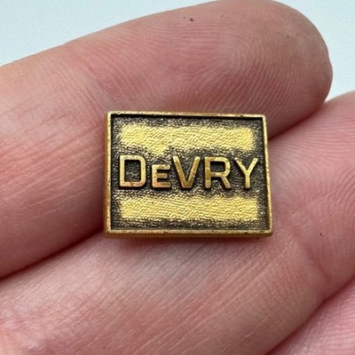 Vtg DeVry University Logo Enamel Lapel Pin   Antique Gold Rectangle