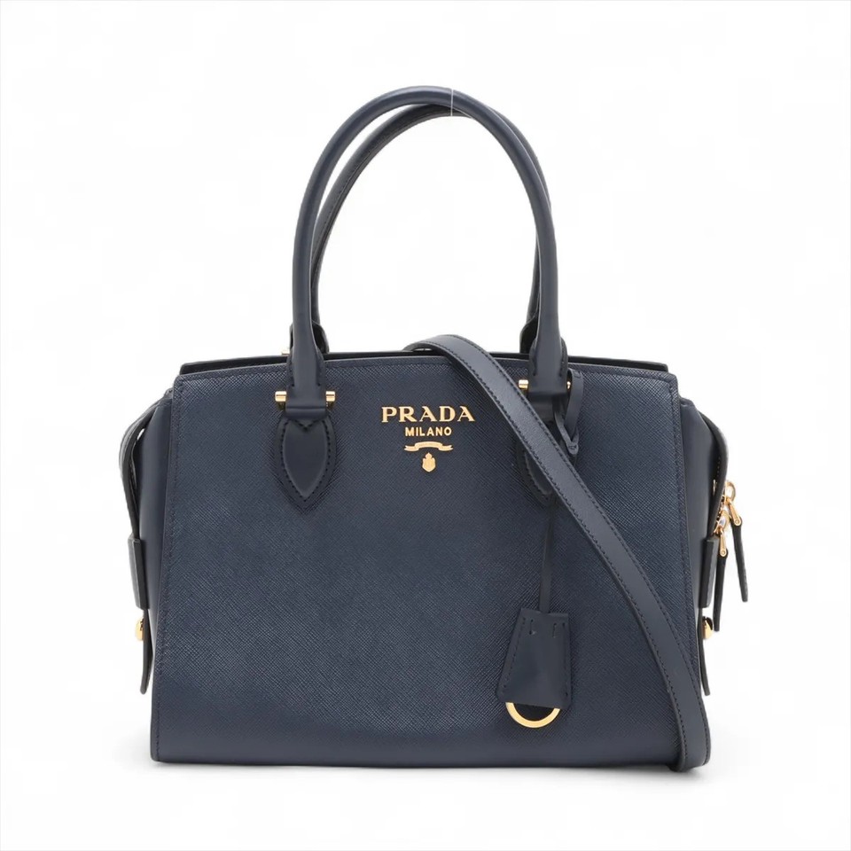 Prada Leather 2 Way Handbag Navy Blue
