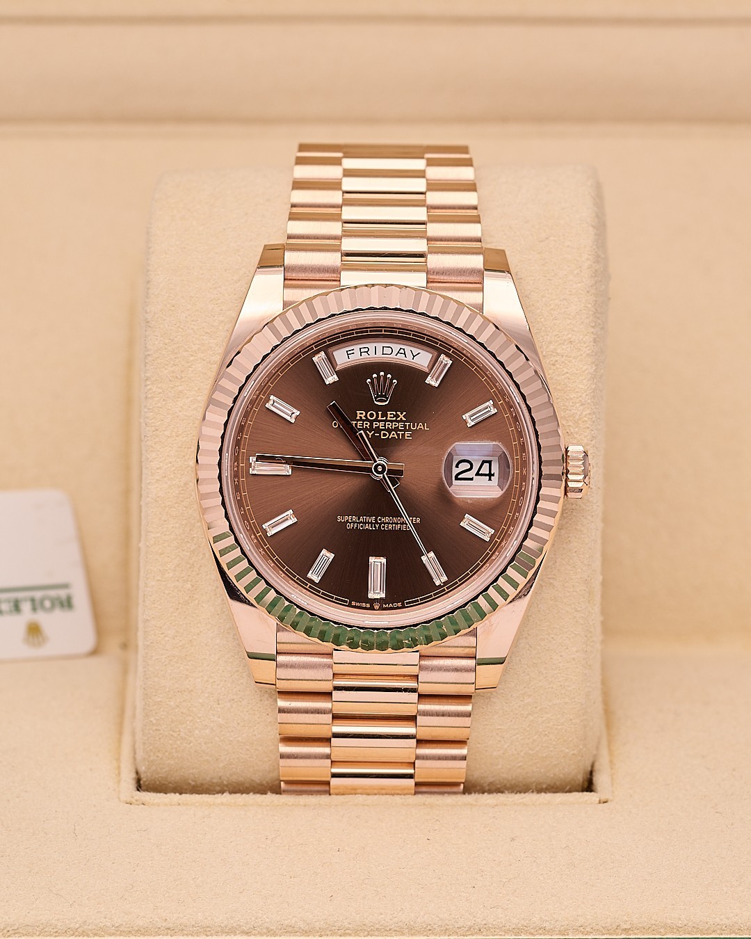 Rolex Day-Date 40 228235 2023 Chocolate Baguette Diamond Dial Rose Gold