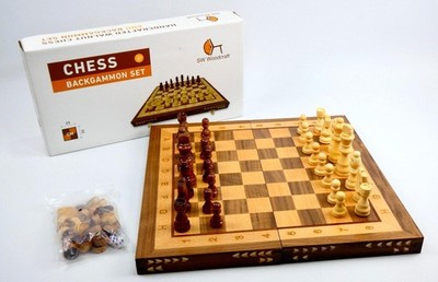 SW Woodcraft Holz Schach & Backgammon Set 35x35cm Nussbaum Brett - komplett