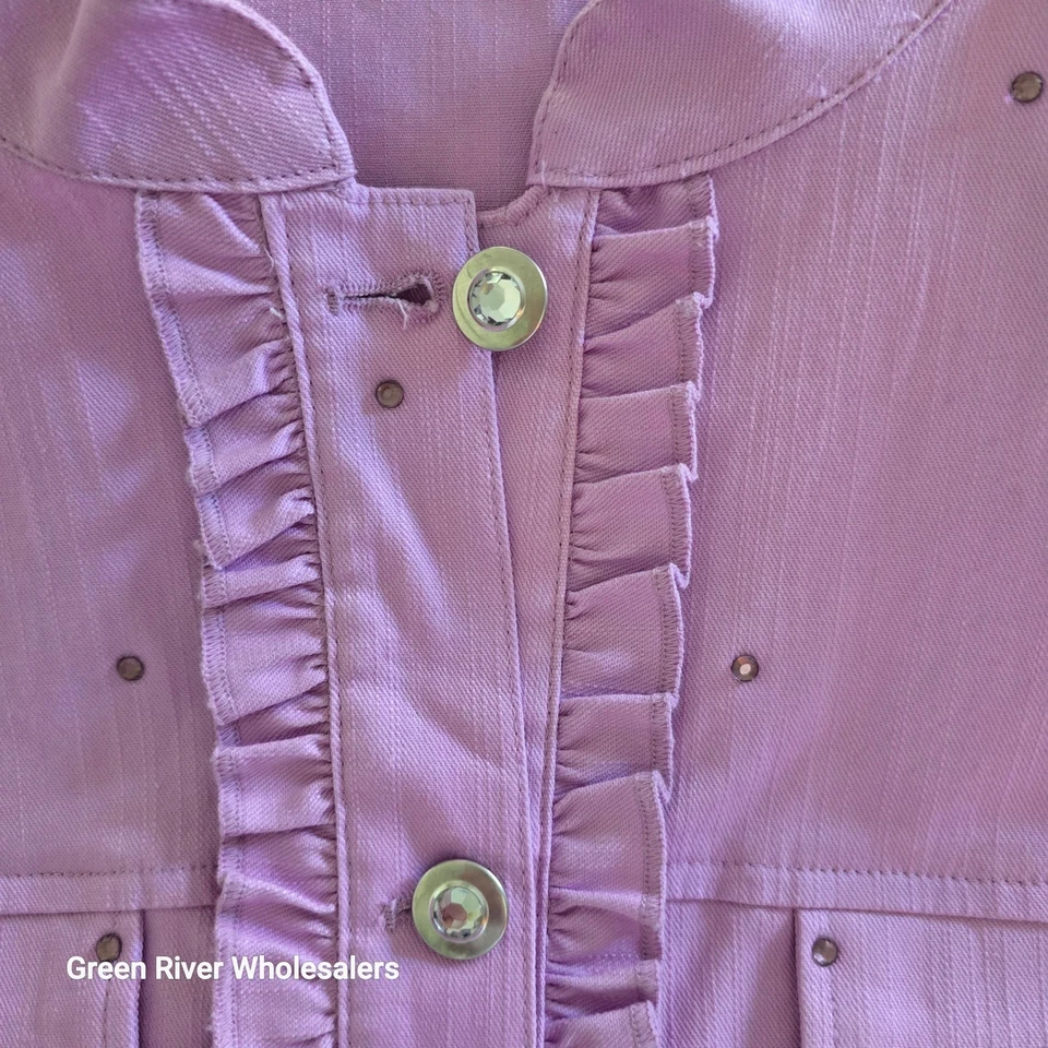 Quacker Factory Embellished Denim Jacket Ruffle Trim Button Front Light Purple M - Image 3 of 4