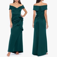 NEW XSCAPE Hunter Green OFF THE SHOULDER Ruffle RUCHED Stretch Crepe GOWN 8