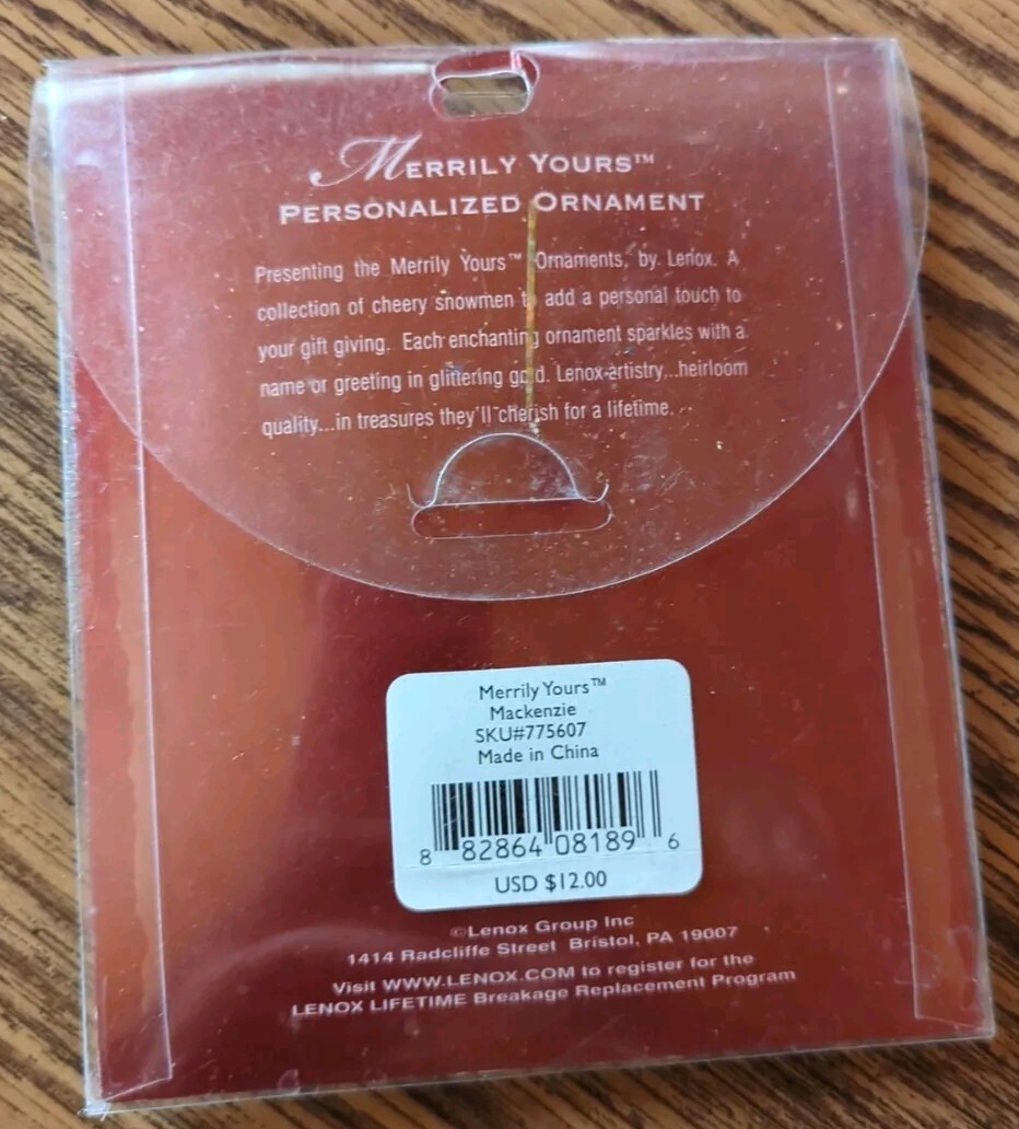 NOS New LENOX Snowman Personalized Name Snowman MACKENZIE Ornament