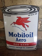 VINTAGE 1947 MOBILOIL AERO CAN PORCELAIN GAS PUMP SIGN MOBIL MOBILGAS 11" X 8"