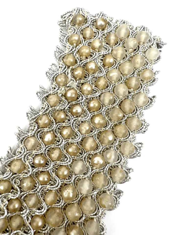 Par de collares de perlas de imitación vintage bandas cuentas de champán marfil en hilo de plata Foto 4 de 4