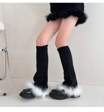 Lady Faux Fur Hem Knit Leg Warmers Winter Warm Knee Leggings Boots Socks Fashion
