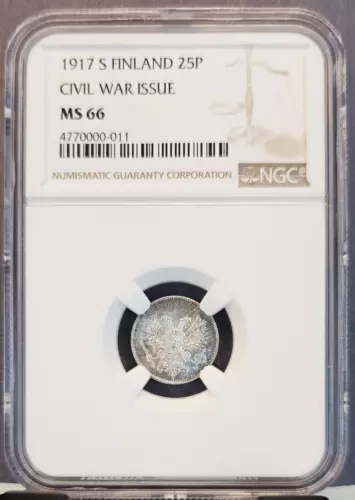 1917 S FINLAND 25 PENNIA 25P CIVIL WAR ISSUE NGC MS 66 BEAUTIFUL BRIGHT GEM BU 