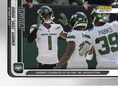 AHMAD SAUCE GARDNER CELEBRATES 1st INTERCEPTION PANINI INSTANT ROOKIE CARD #54