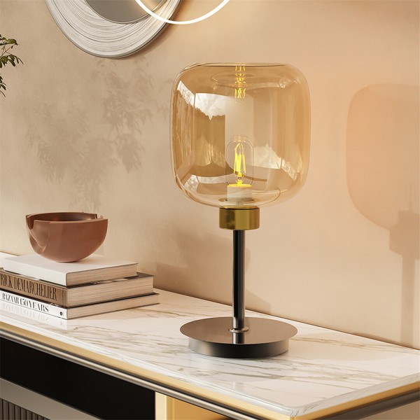 Glas Tischlampe Tischleuchte Industrial Nachttischlampe Mit Schirm Schwarz Gold-image