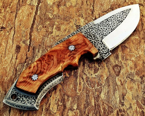 D2 STEEL CUSTOM HAND ENGRAVED HUNTING BOOT DAGGER KNIFE WOOD GRIP - Foto 8 di 9