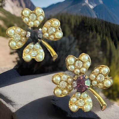 Two Vintage Four Leaf Clover Scatter Pins Faux Pearls Rhinestones B55