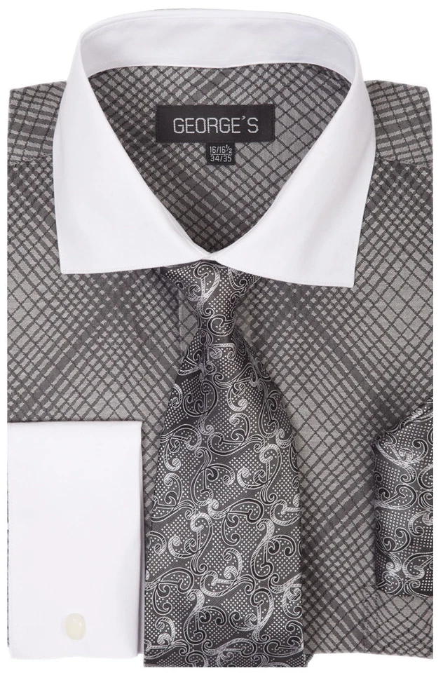 Camisa de vestir a cuadros/a cuadros para hombre con conjunto de corbata y pañuelo puño francés AH624 Foto 3 de 4