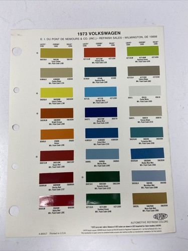 1973 Dupont Volkswagen Colors Paint Chip Chart Sheet
