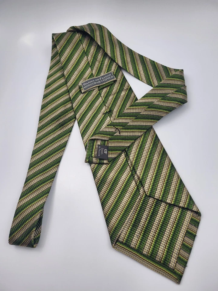 Daniel de Fasson Trifold Silk Tie Green Gold Stripes Designer Necktie 58 x 4.1/8 - Image 4 of 4
