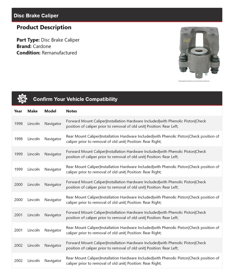 Pinza de freno de disco Cardone para Lincoln Navigator 1998-2002 1999 2000 2001 Foto 2 de 4