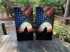 WATERPROOF  FADEPROOF Cornhole Board Wraps / USA Flag Howling Wolf