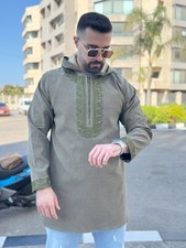 Men  s Moroccan Arabian Tunic Thobe Kaftan Olive XXL Embroidered Traditional Robe