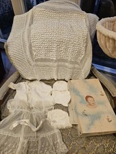Vintage LITTLE FOLKS GIRL Baptism CHRISTENING Set blanket Slip,Jacket,Bonnet pin