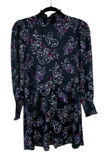 Women's Loft Black Paisley Long Sleeve High Neck Knee Length Dress Size 10P