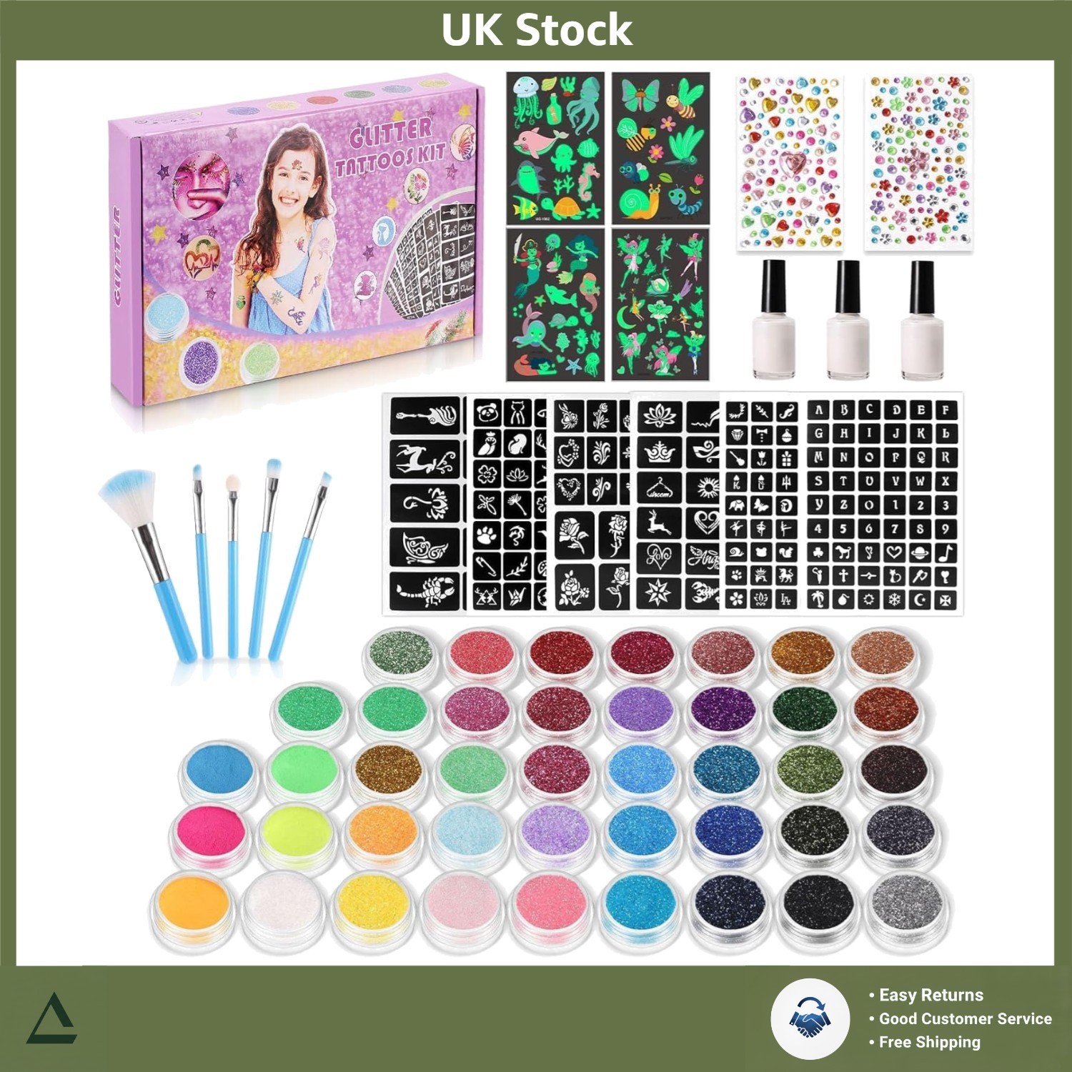 Sparkly Glitter Tattoos Kit For Kids 42 Colors 204 Stencils 215 Rhinestones